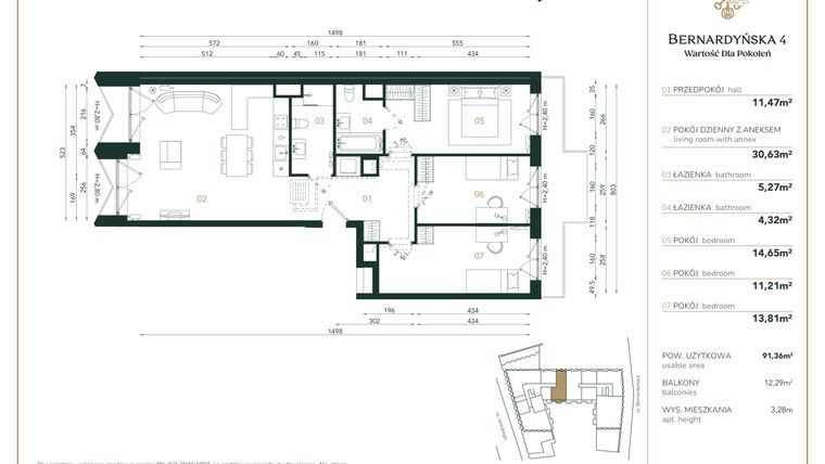 Rzut - Mieszkanie na sprzedaż 4 pokoje o powierzchni 91,36 m² - numer A/5/02 w Bernardyńska 4