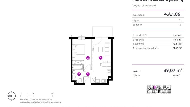 Rzut - Mieszkanie na sprzedaż 2 pokoje o powierzchni 39,07 m² - numer 4.A.1.06 w Murapol Osiedle Dynamiq
