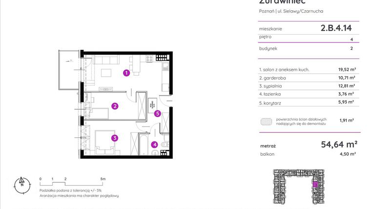 Rzut - Mieszkanie na sprzedaż 2 pokoje o powierzchni 54,26 m² - numer 2.B.4.14 w Murapol Zielony Żurawiniec