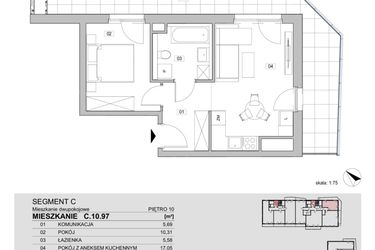 Rzut - Mieszkanie na sprzedaż 2 pokoje o powierzchni 38,63 m² - numer C.10.97 w ATAL Unii Lubelskiej