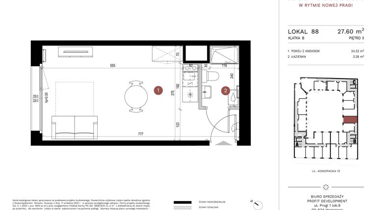Rzut - Mieszkanie na sprzedaż 1 pokój o powierzchni 27,21 m² - numer A-KL-B.88 w Konopacka