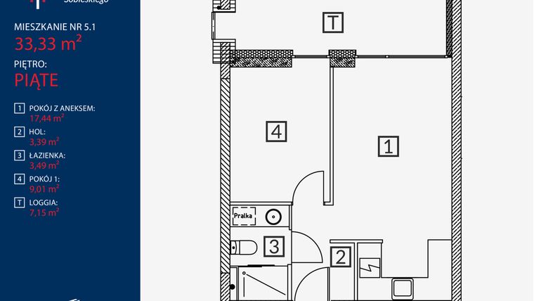 Rzut - Mieszkanie na sprzedaż 2 pokoje o powierzchni 33,33 m² - numer B2.M.5.1 w Tarasy Sobieskiego