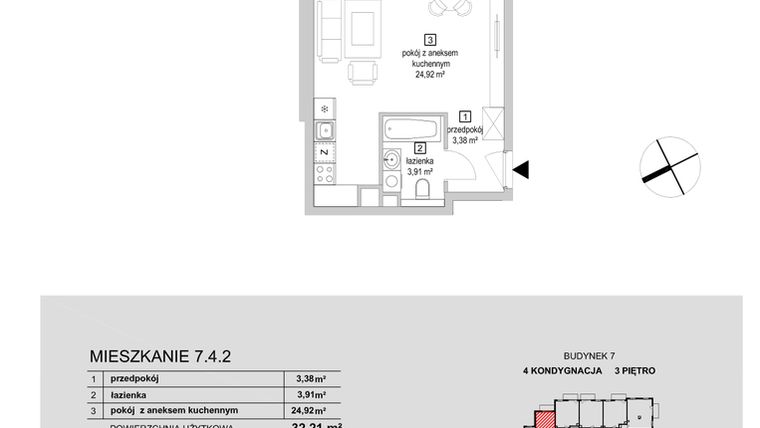 Rzut - Mieszkanie na sprzedaż 1 pokój o powierzchni 32,21 m² - numer 7.4.2 w Osiedle Przyjemne IV