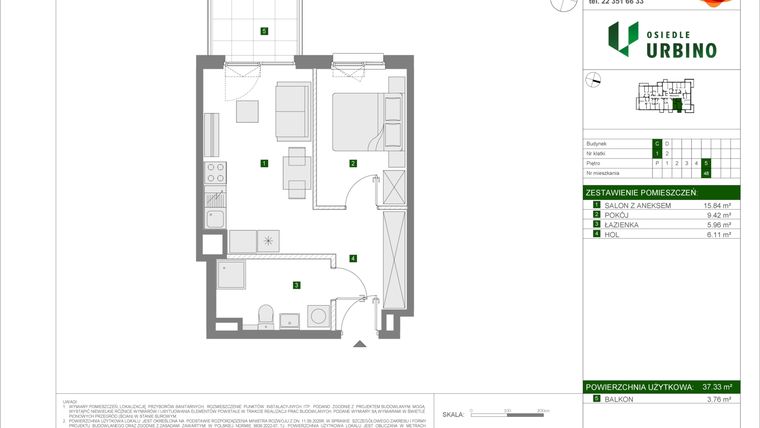 Rzut - Mieszkanie na sprzedaż 2 pokoje o powierzchni 37,33 m² - numer C48 w Osiedle Urbino etap 4.2