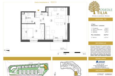 Rzut - Mieszkanie na sprzedaż 2 pokoje o powierzchni 42,27 m² - numer D2/2/13 w Osiedle Tilia