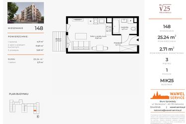 Rzut - Mieszkanie na sprzedaż 1 pokój o powierzchni 25,24 m² - numer 148 w Mikusińskiego 25