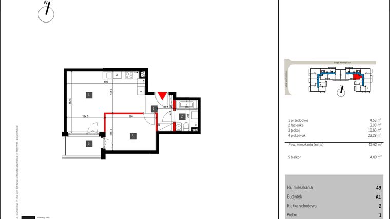 Rzut - Mieszkanie na sprzedaż 2 pokoje o powierzchni 42,62 m² - numer 49 w Mochtyńska 56