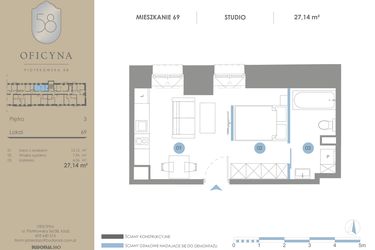 Rzut - Mieszkanie na sprzedaż 1 pokój o powierzchni 27,14 m² - numer 69 w Oficyna - mieszkania