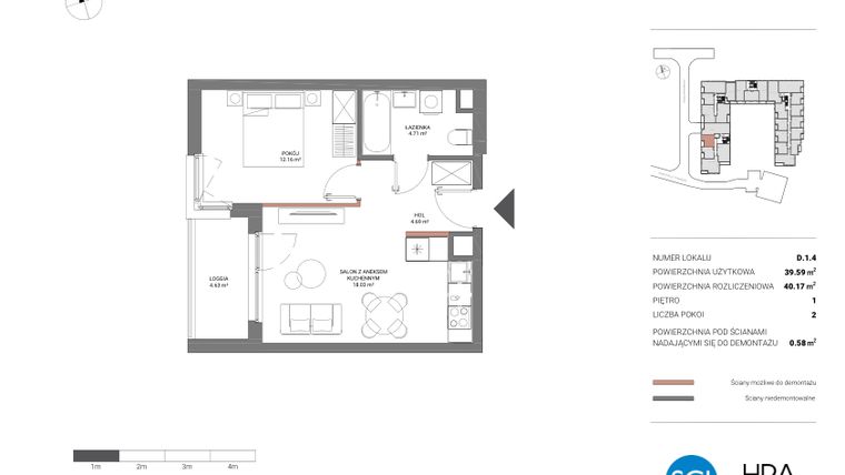 Rzut - Mieszkanie na sprzedaż 2 pokoje o powierzchni 40,2 m² - numer D.1.4 w Łopuszańska 47 - etap 2