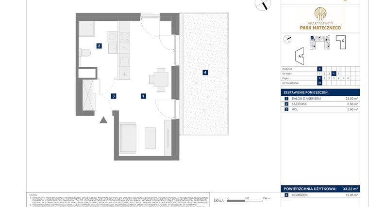 Rzut - Mieszkanie na sprzedaż 1 pokój o powierzchni 33,22 m² - numer B70 w Apartamenty Park Matecznego Etap 1