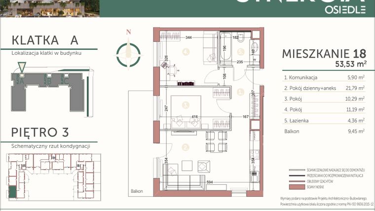 Rzut - Mieszkanie na sprzedaż 3 pokoje o powierzchni 53,53 m² - numer M18 w SYNERGIA