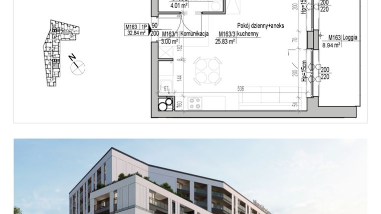 Rzut - Mieszkanie na sprzedaż 1 pokój o powierzchni 32,84 m² - numer 163 w Aleja