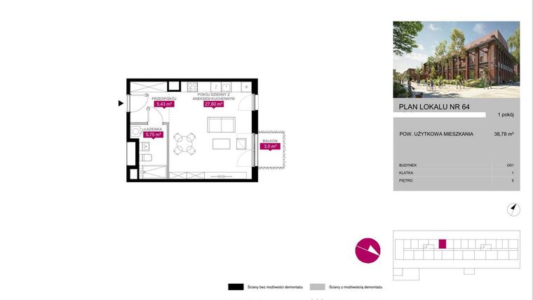 Rzut - Mieszkanie na sprzedaż 1 pokój o powierzchni 38,79 m² - numer 64 w Fuzja Mieszkania Loftowe