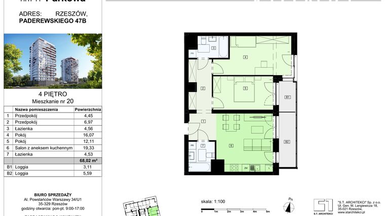Rzut - Mieszkanie na sprzedaż 3 pokoje o powierzchni 68,02 m² - numer 20/B7 w Dzielnica Parkowa VII