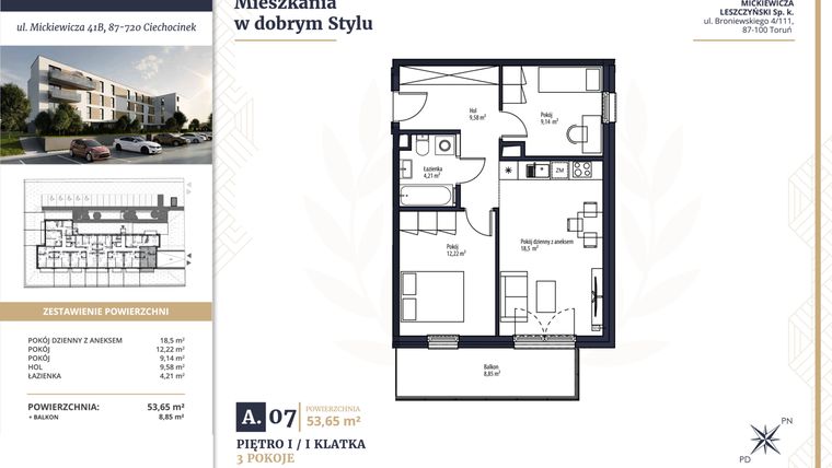 Rzut - Mieszkanie na sprzedaż 3 pokoje o powierzchni 53,65 m² - numer A7 w Mickiewicza
