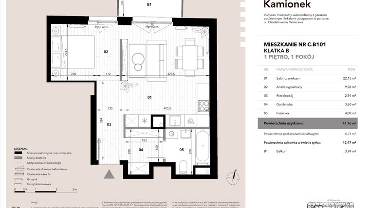 Rzut - Mieszkanie na sprzedaż 1 pokój o powierzchni 41,76 m² - numer C.B101 w Nowy Kamionek