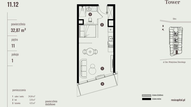 Rzut - Mieszkanie na sprzedaż 1 pokój o powierzchni 32,87 m² - numer 11.12 w Quorum Tower