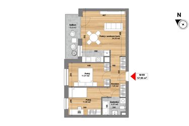 Rzut - Mieszkanie na sprzedaż 3 pokoje o powierzchni 57,95 m² - numer M69 w Przy Kochanowskiego