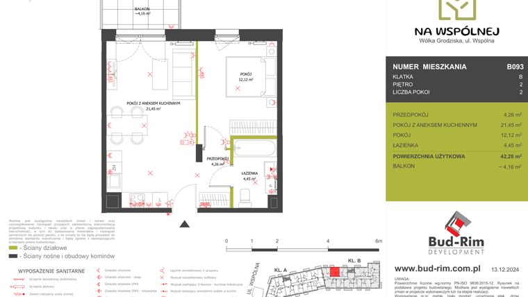 Rzut - Mieszkanie na sprzedaż 2 pokoje o powierzchni 42,28 m² - numer 93 w Na Wspólnej
