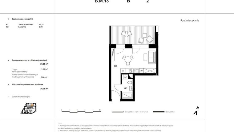 Rzut - Mieszkanie na sprzedaż 1 pokój o powierzchni 34,12 m² - numer B.M.13 w VIDOK