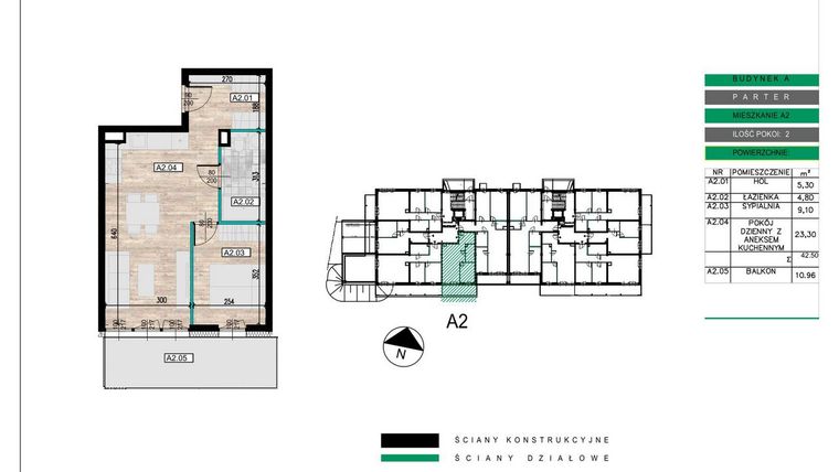 Rzut - Mieszkanie na sprzedaż 2 pokoje o powierzchni 42,54 m² - numer A02 w Lwowska 14