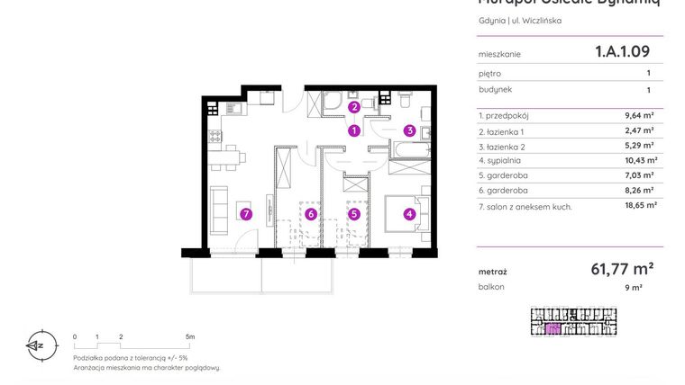 Rzut - Mieszkanie na sprzedaż 2 pokoje o powierzchni 61,77 m² - numer 1.A.1.09 w Murapol Osiedle Dynamiq