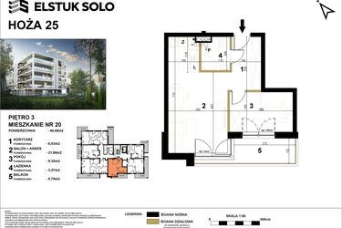 Rzut - Mieszkanie na sprzedaż 2 pokoje o powierzchni 40,48 m² - numer 20 w Hoża 25