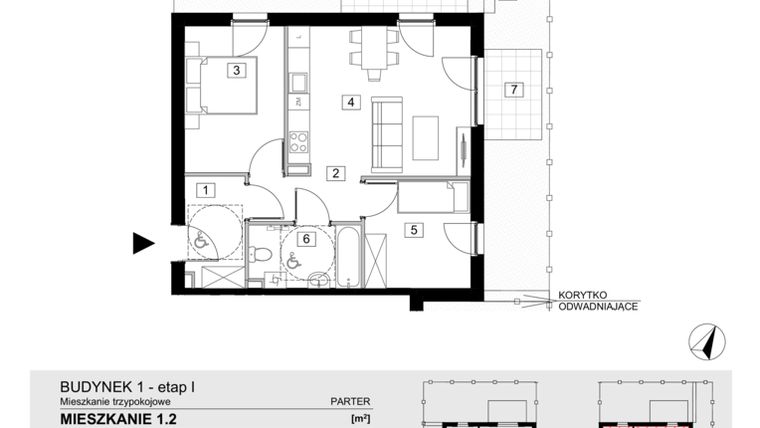 Rzut - Mieszkanie na sprzedaż 3 pokoje o powierzchni 54,15 m² - numer 1.2 w Jasieny