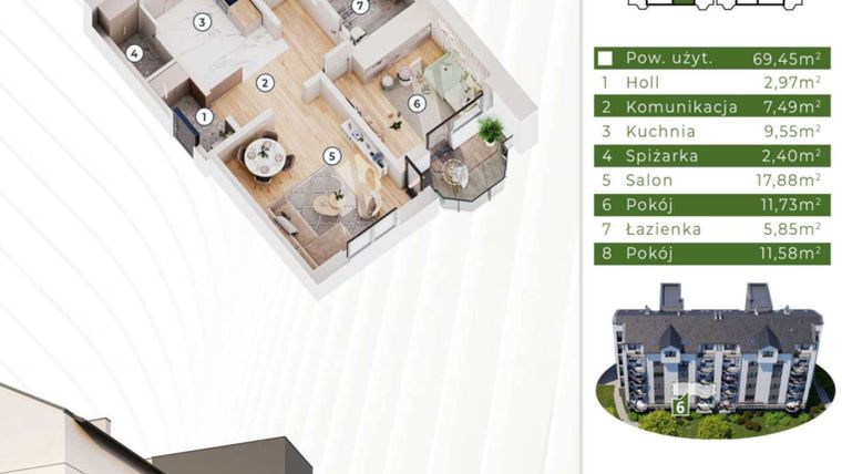 Rzut - Mieszkanie na sprzedaż 3 pokoje o powierzchni 69,45 m² - numer 19A.M6 w Osiedle Leśny Zakątek