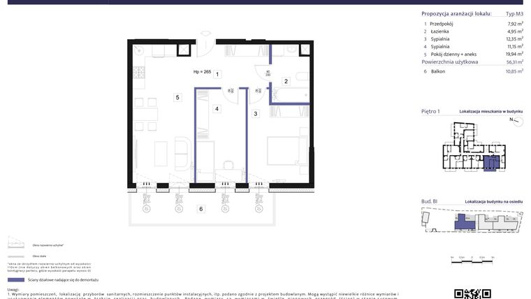 Rzut - Mieszkanie na sprzedaż 3 pokoje o powierzchni 56,31 m² - numer B1 – M1.2 w Primacasa