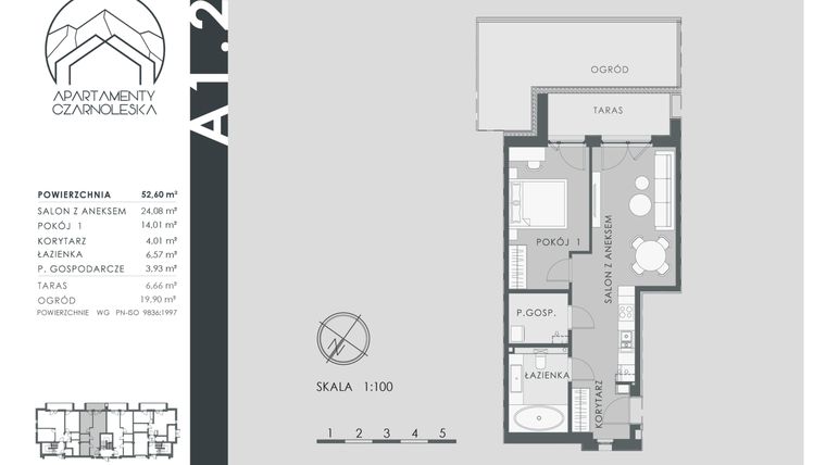 Rzut - Mieszkanie na sprzedaż 2 pokoje o powierzchni 52,6 m² - numer A1.2 w Apartamenty Czarnoleska
