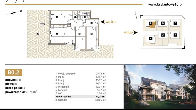 Rzut - Mieszkanie na sprzedaż 4 pokoje o powierzchni 91,78 m² - numer B0.2 w Brylantowa 10