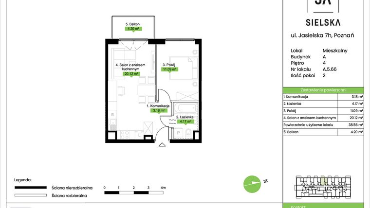 Rzut - Mieszkanie na sprzedaż 2 pokoje o powierzchni 38,56 m² - numer A.5.66 w JA_SIELSKA V