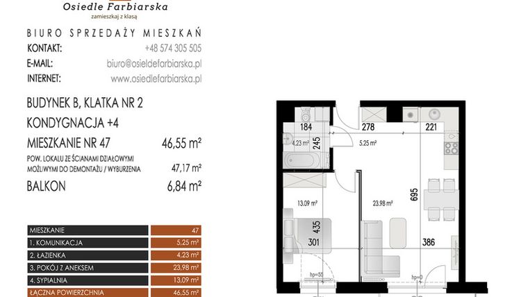 Rzut - Mieszkanie na sprzedaż 2 pokoje o powierzchni 46,55 m² - numer 47B w Osiedle Farbiarska II