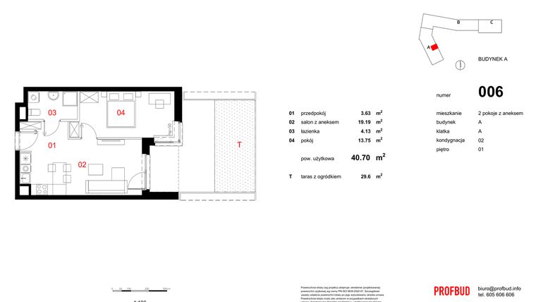 Rzut - Mieszkanie na sprzedaż 2 pokoje o powierzchni 40,7 m² - numer 006 w Osiedle Mocha Tower