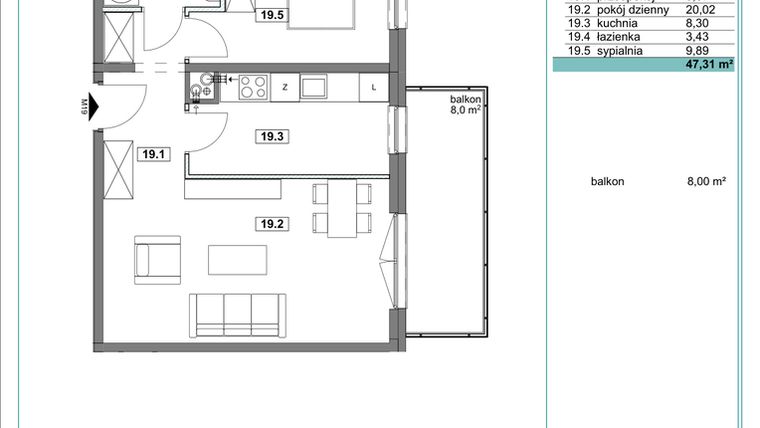 Rzut - Mieszkanie na sprzedaż 2 pokoje o powierzchni 47,57 m² - numer D.19 w Osiedle Kościuszki etap II