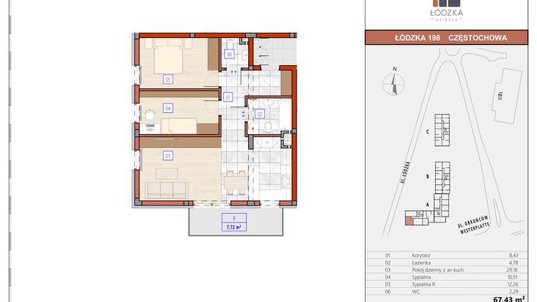 Rzut - Mieszkanie na sprzedaż 3 pokoje o powierzchni 67,37 m² - numer A.M.16 w Łódzka Osiedle
