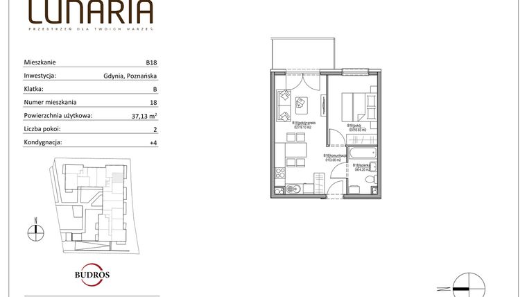 Rzut - Mieszkanie na sprzedaż 2 pokoje o powierzchni 37,13 m² - numer B18 w Lunaria