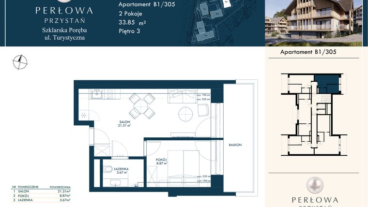 Rzut - Mieszkanie na sprzedaż 2 pokoje o powierzchni 34,65 m² - numer B1/305 w Perłowa Przystań - Szklarska Poręba