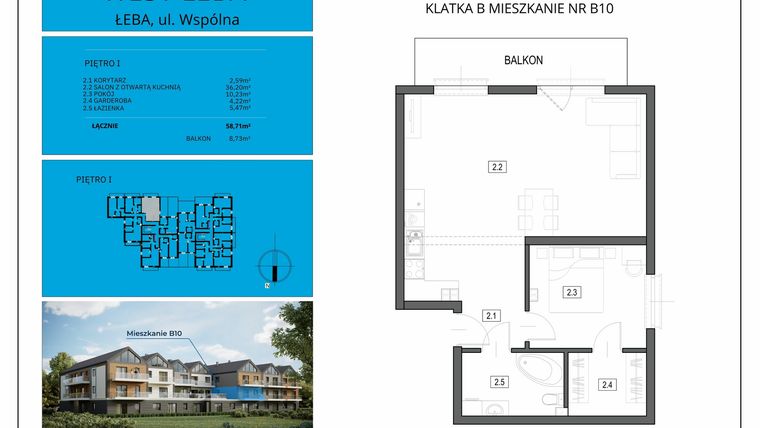 Rzut - Mieszkanie na sprzedaż 2 pokoje o powierzchni 58,71 m² - numer B10 w West Łeba