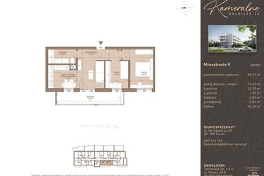 Rzut - Mieszkanie na sprzedaż 3 pokoje o powierzchni 48,93 m² - numer M-9 w Kameralne