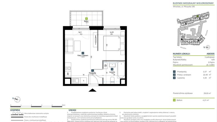 Rzut - Mieszkanie na sprzedaż 1 pokój o powierzchni 29,05 m² - numer AB0305 w Pilczycka Vita