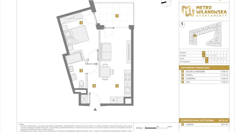 Rzut - Mieszkanie na sprzedaż 2 pokoje o powierzchni 38,18 m² - numer 4 w Apartamenty Metro Wilanowska
