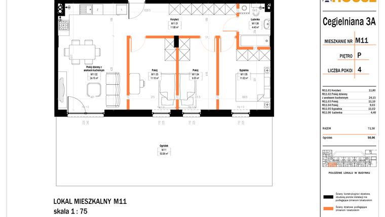 Rzut - Mieszkanie na sprzedaż 4 pokoje o powierzchni 71,5 m² - numer 11 w Osiedle StaLove etap II