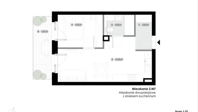 Rzut - Mieszkanie na sprzedaż 2 pokoje o powierzchni 38,35 m² - numer 2.M7 w Stalowa 76