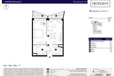 Rzut - Mieszkanie na sprzedaż 1 pokój o powierzchni 38,29 m² - numer 15/44 w Osiedle Neonowe