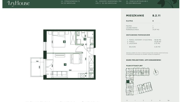 Rzut - Mieszkanie na sprzedaż 2 pokoje o powierzchni 31,97 m² - numer B.2.11 w IVY HOUSE