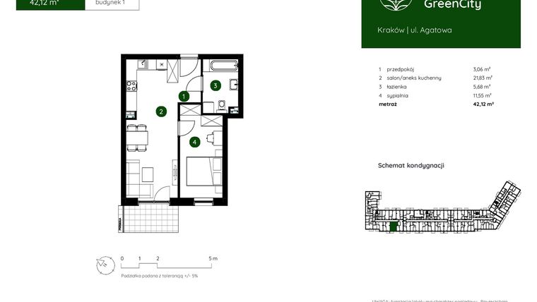 Rzut - Mieszkanie na sprzedaż 2 pokoje o powierzchni 42,12 m² - numer 1.A.0.05 w Murapol GreenCity bud. 1