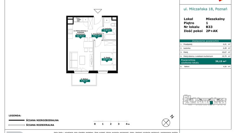 Rzut - Mieszkanie na sprzedaż 2 pokoje o powierzchni 39,15 m² - numer B33 w Milczańska 18