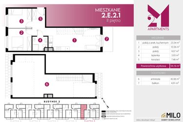 Rzut - Mieszkanie na sprzedaż 4 pokoje o powierzchni 96,22 m² - numer 2.E.2.1 w Maślice Wrocław Milo Dobry Deweloper etap III